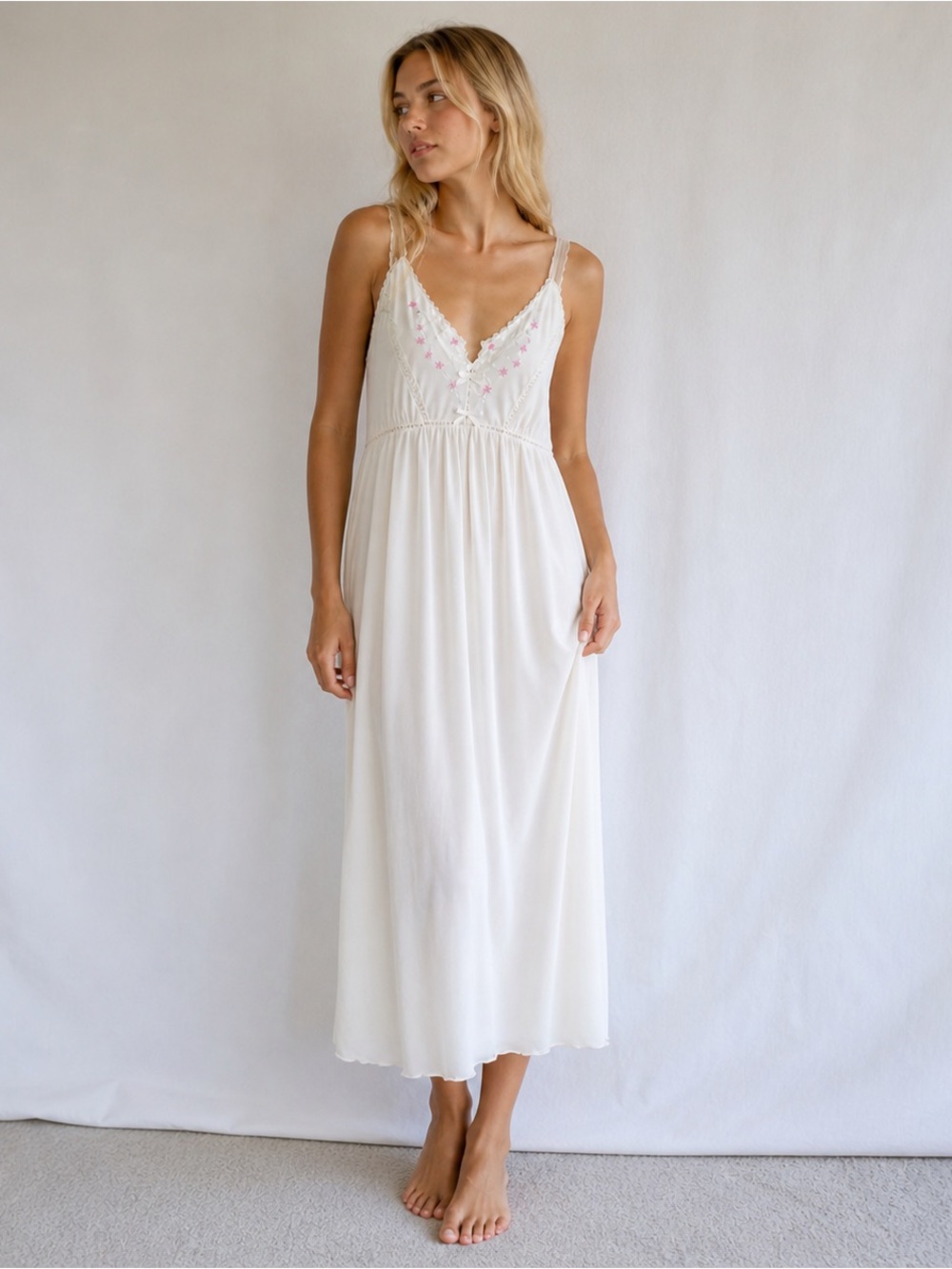 Vintage Vanity Fair 60s Ivory Nightgown Floral Embroidered Sheer Bodice